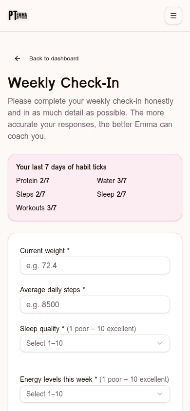Weekly check-ins with Emma