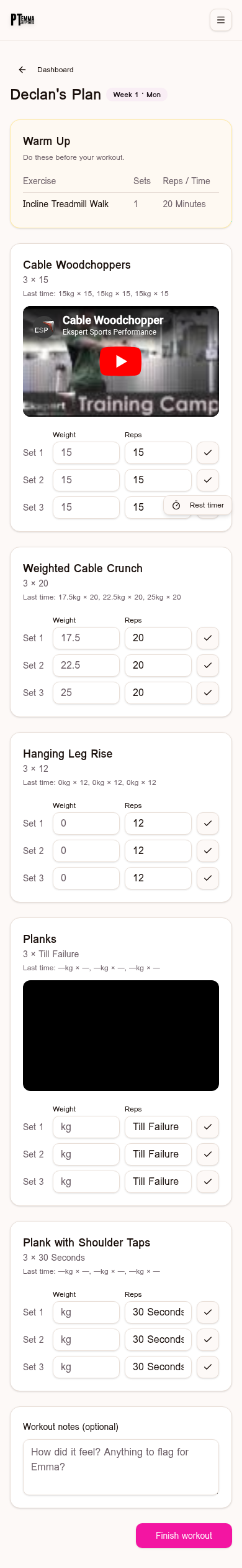 Guided workouts with a built-in rest timer